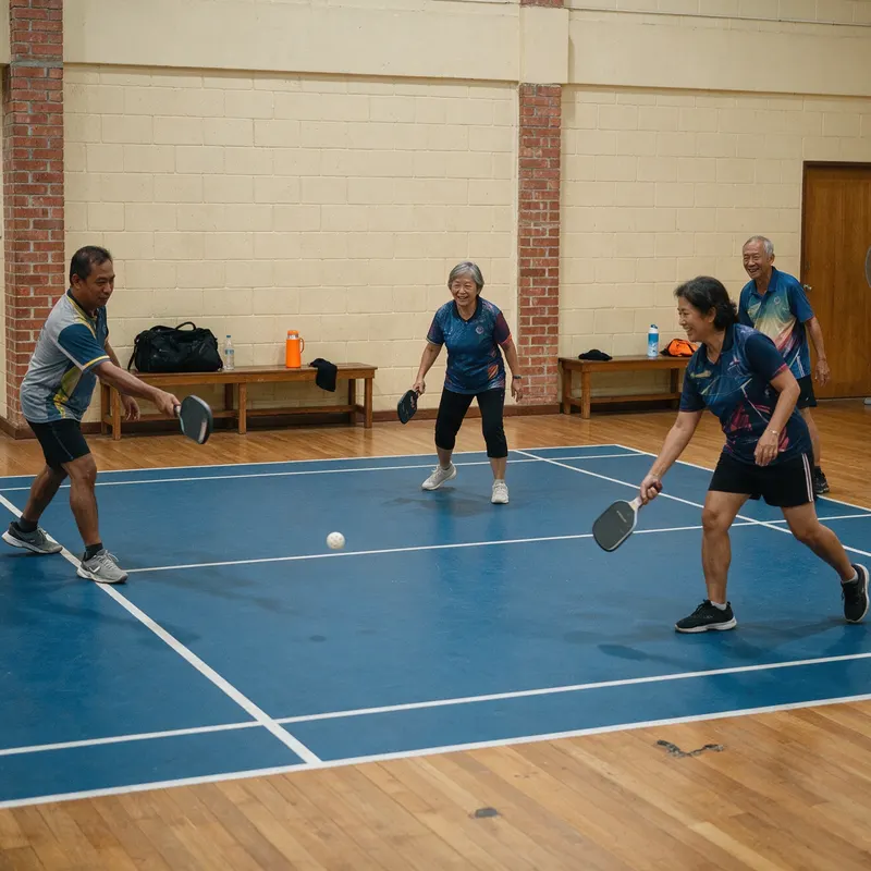 Senior members in a friendly doubles game indoors