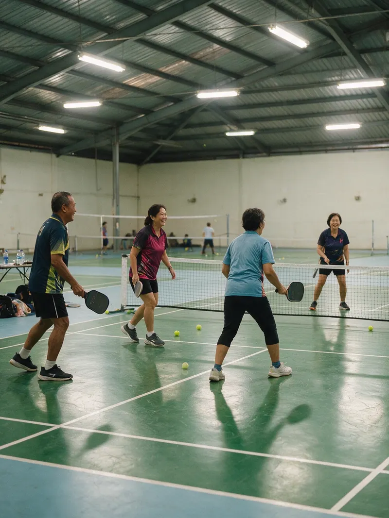 Members playing doubles at the community hall in the evening